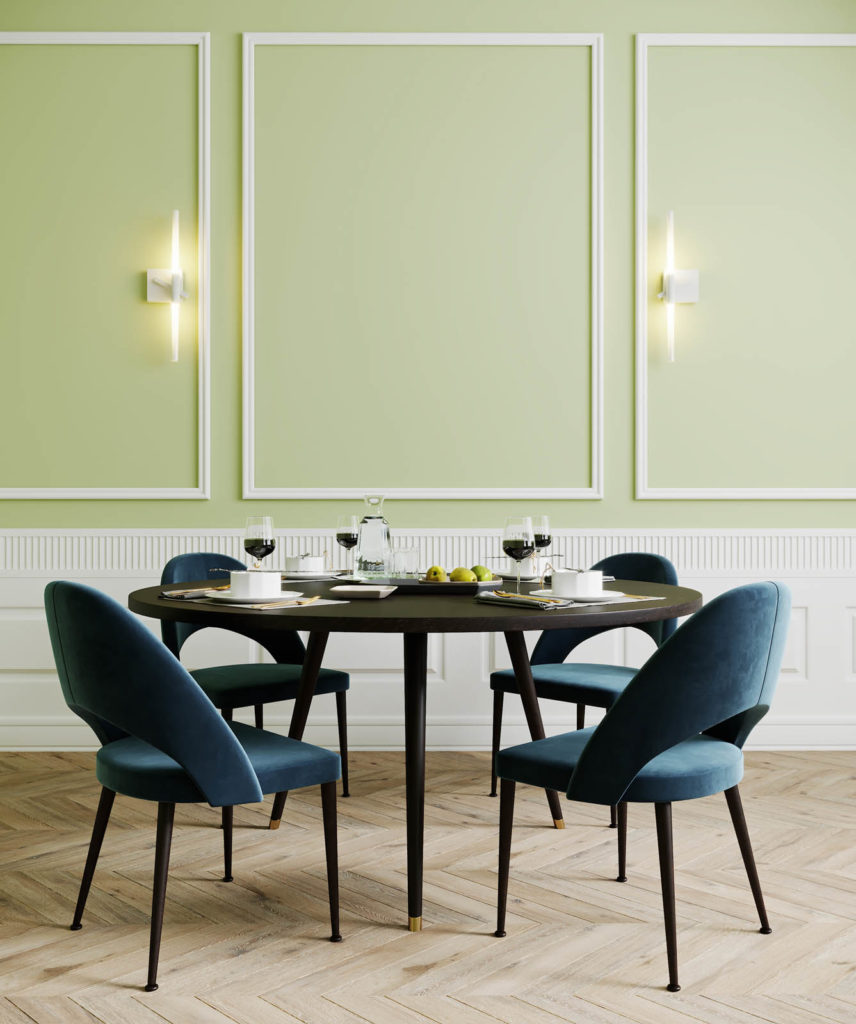 Dining room with blue chairs and lamps, light green empty wall mock up, 3d rendering