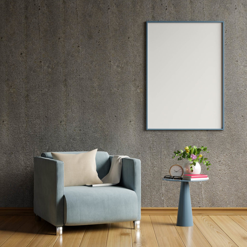Mock up poster in modern living room interior design with concrete empty wall.3d rendering